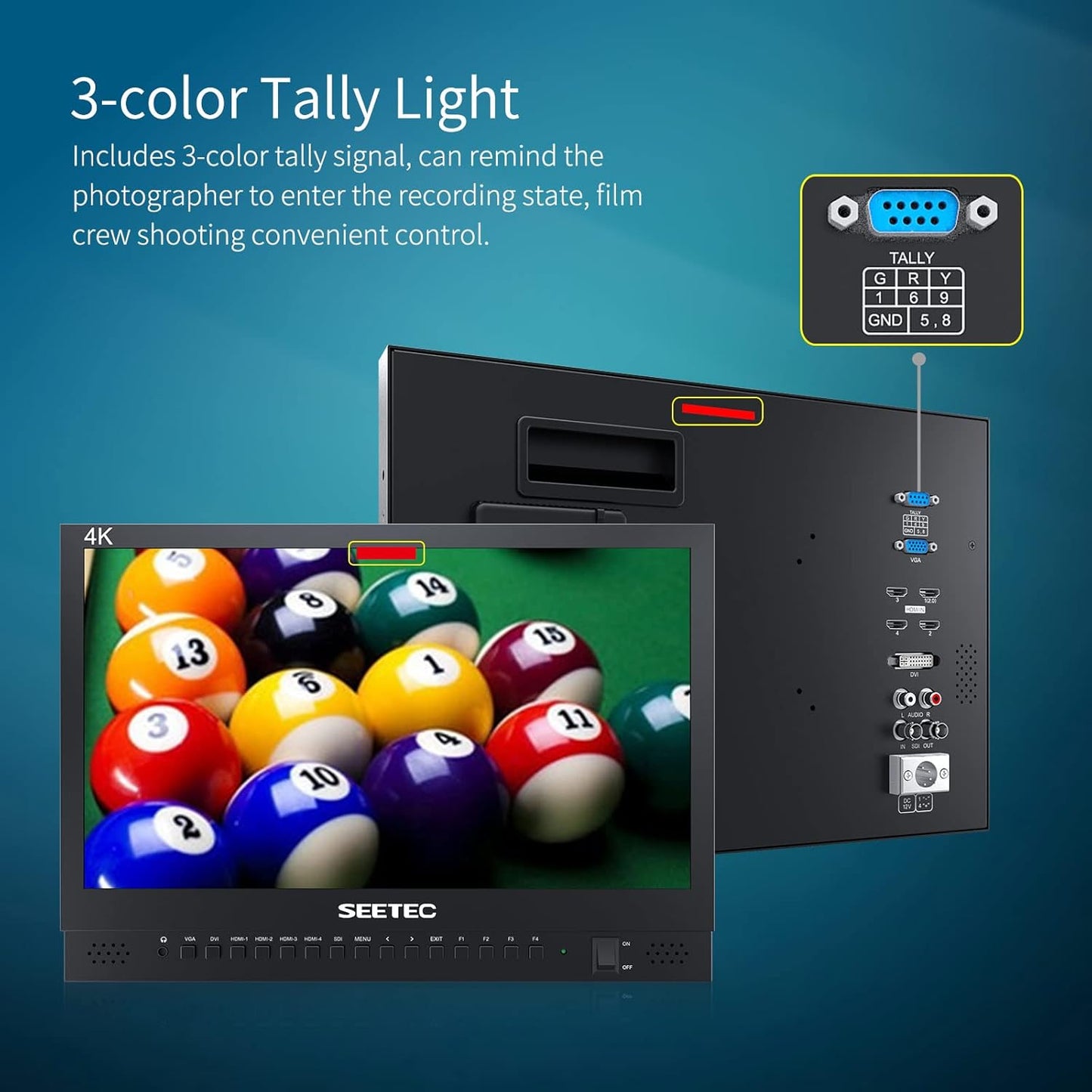 SEETEC 4K156-9HSD 15,6-Zoll-Broadcast-LCD-Monitor mit IPS-UHD-Display (3840 x 2160), SDI-Ein- und -Ausgang, 4 HDMI-Eingängen und Quad-Split-Display 