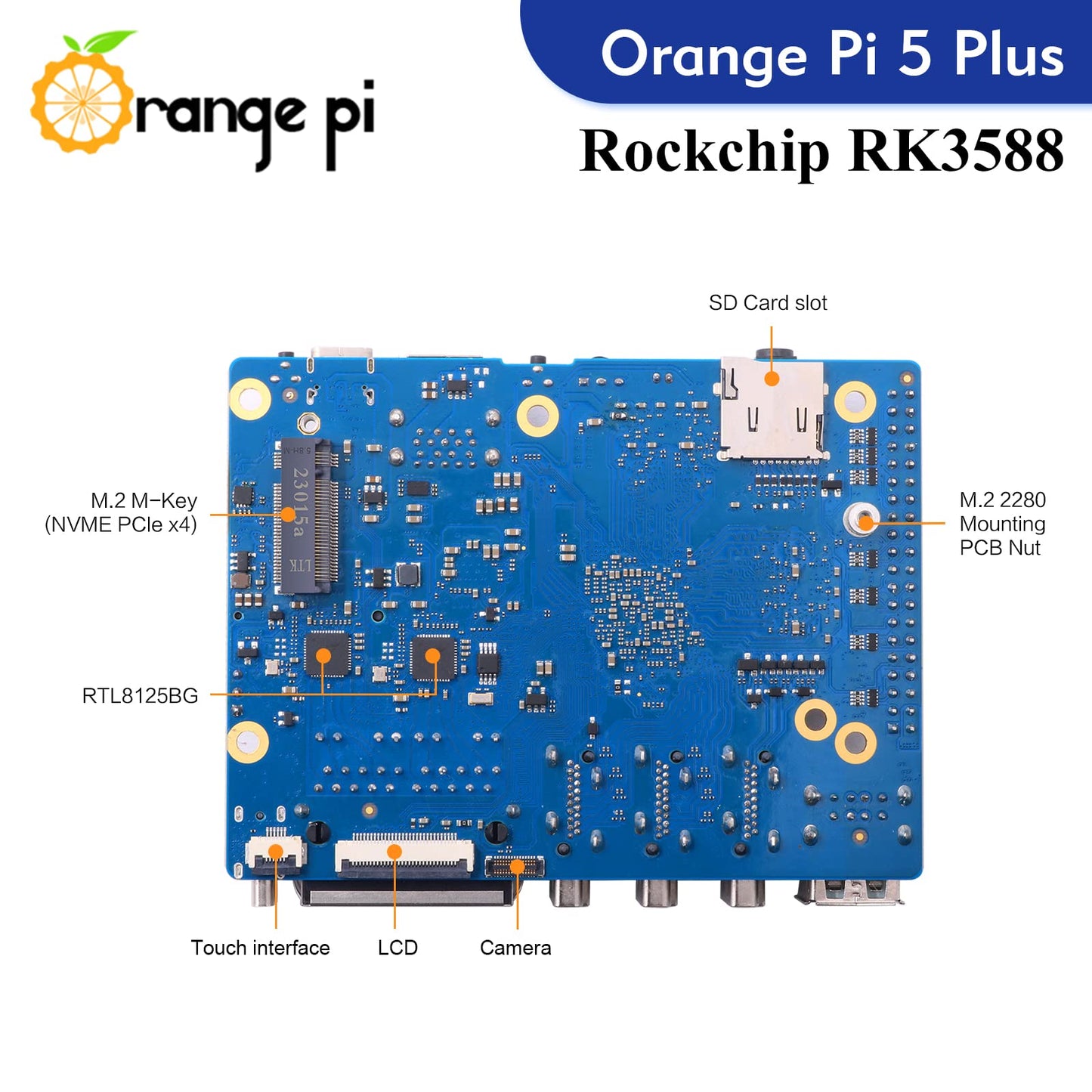 Orange Pi 5 Plus 16GB Rockchip RK3588 8-Kern 64-Bit Einplatinencomputer, 2,4 GHz Frequenz, 8K-Videodekodierung, Open Source Entwicklungsboard, läuft mit Orange Pi OS, Android, Debian, Ubuntu (OPi 5 Plus 16G)