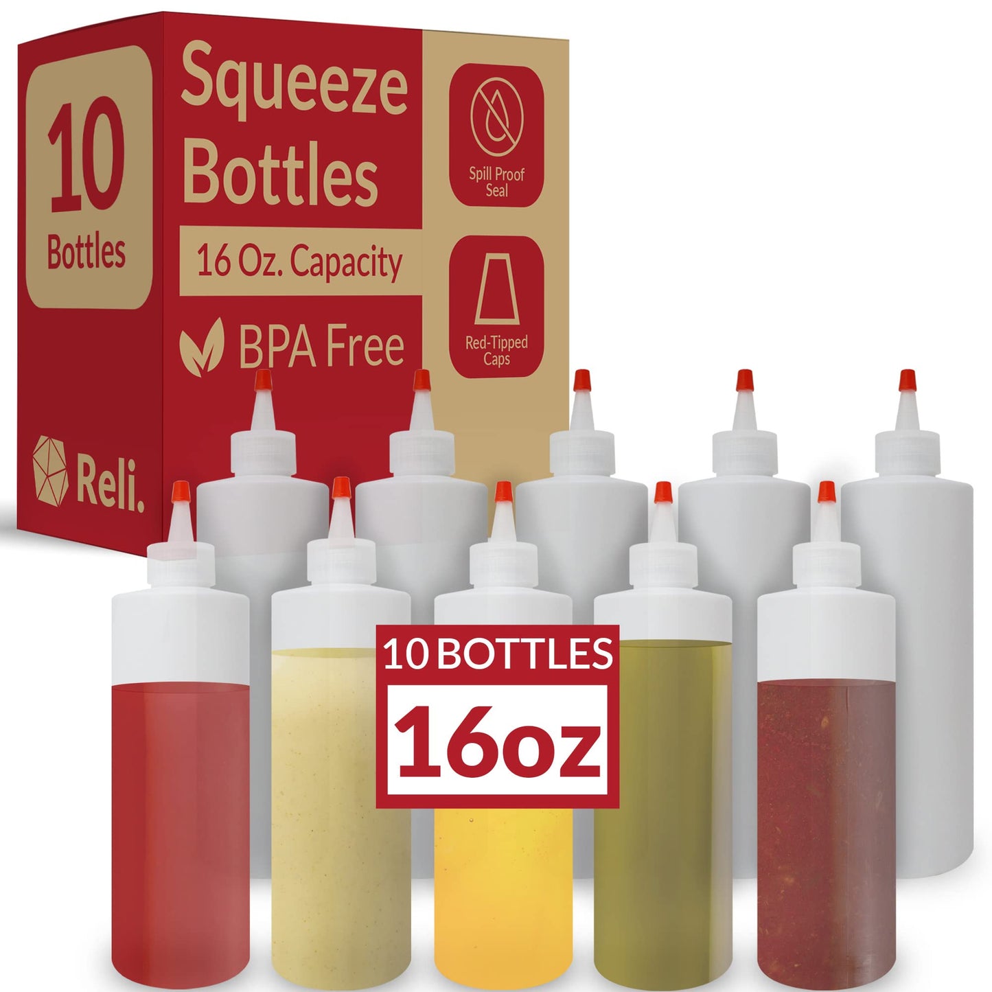 Reli. Quetschflaschen aus Kunststoff, 473 ml | 10er-Pack | Quetschflaschen für Soßen | Transparent mit roter Verschlusskappe | 473 ml für scharfe Soße, Ketchup, Würzmittel, Olivenöl, Klebstoff