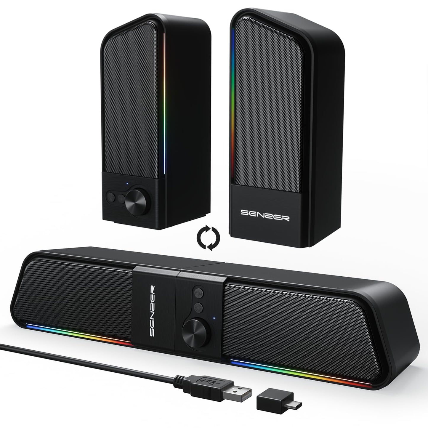 SENZER CS20 2-in-1 Bluetooth-Computerlautsprecher für Desktop-PCs, USB-Plug-&amp;-Play-Lautsprecher mit klarem Klang, RGB-Beleuchtung, Monitor-Soundbar mit Lautstärkeregler, Gaming-Lautsprecher für PC, Laptop, Smartphone und Tablet