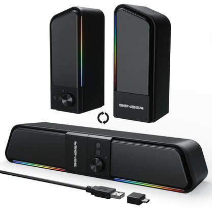 SENZER CS20 2-in-1 Bluetooth-Computerlautsprecher für Desktop-PCs, USB-Plug-&amp;-Play-Lautsprecher mit klarem Klang, RGB-Beleuchtung, Monitor-Soundbar mit Lautstärkeregler, Gaming-Lautsprecher für PC, Laptop, Smartphone und Tablet
