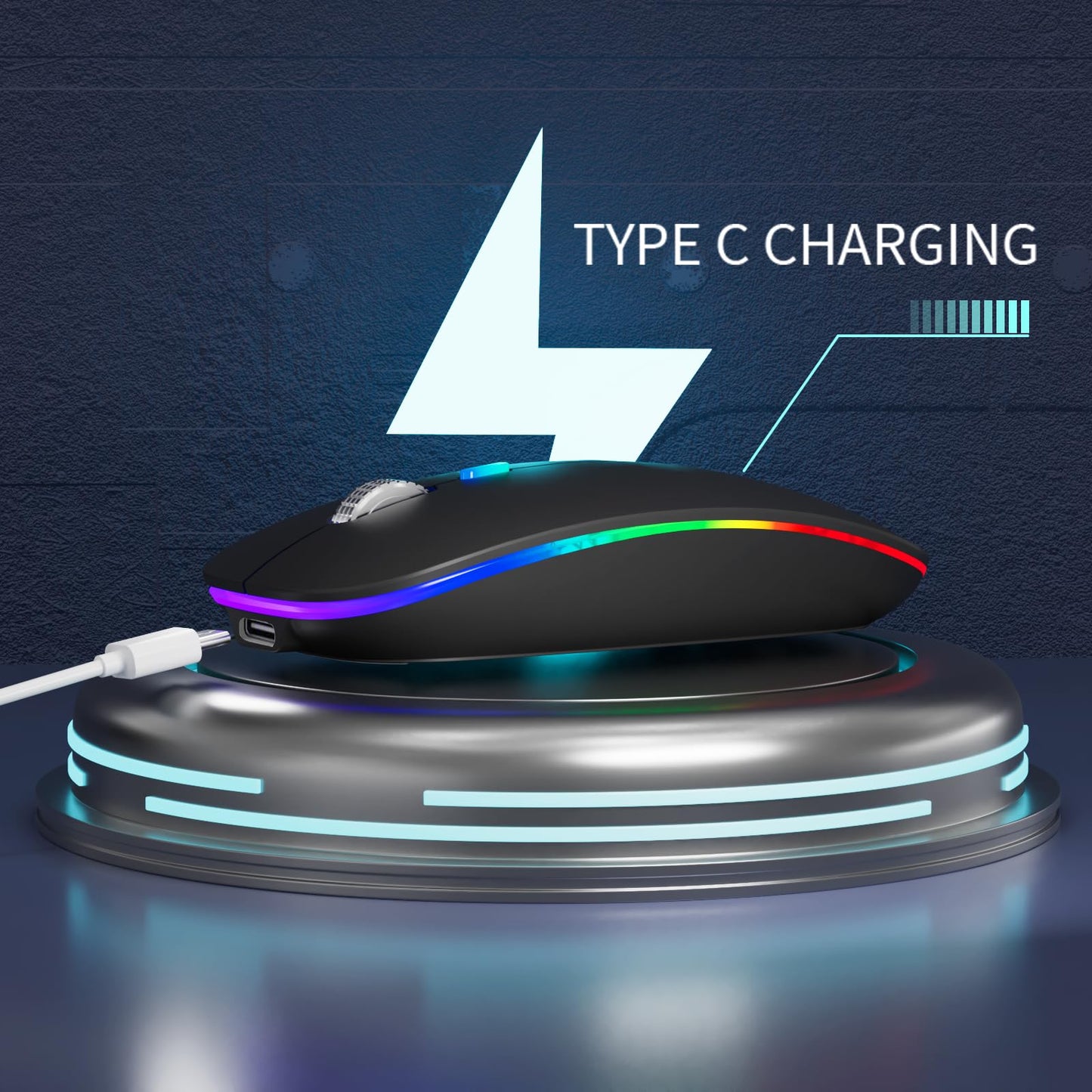 TENMOS Kabellose Bluetooth-Maus, LED Slim (Bluetooth 5.1/5.0 + USB) 2,4 GHz Wiederaufladbare, leise Bluetooth-Funkmaus mit Typ-C-Adapter für Laptop/MacBook/iPad OS 13 und höher (Matt Schwarz)