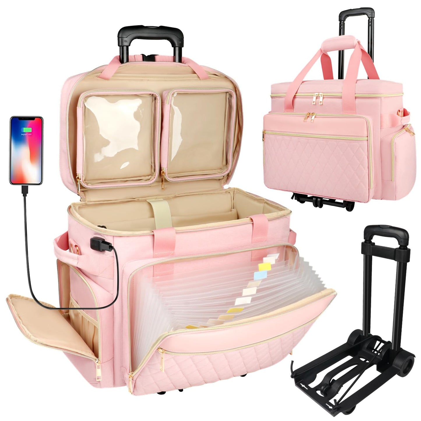 SIYNPAV Rollende Lehrertasche mit Akkordeon-Aktenorganizer, USB-Anschluss und 15,6-Zoll-Laptopfach, rollbare Lehrertasche mit abnehmbarem Trolley zur Aufbewahrung von Unterrichts- und Büromaterialien (Pink)