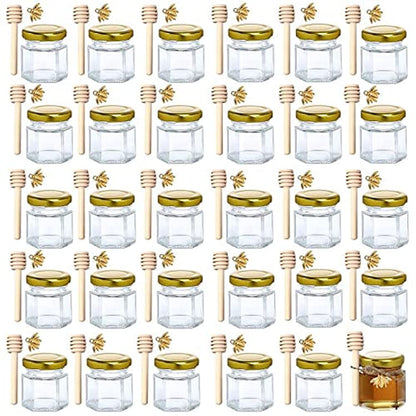 XING-RUIYANG 1,5 oz Sechseckige Mini-Honiggläser aus Glas - 30er-Pack Honiggläser mit Holzlöffel, goldenem Deckel, Bienenanhängern und Jutebeuteln - Perfekt für Babypartys, Hochzeitsgeschenke und Partygeschenke