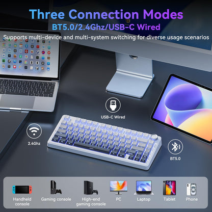 TECURS 75% Mechanische Tastatur für Gaming &amp; Büro, angenehmer Klang, Dichtungsmontage, Hot-Swap-fähige RGB-Hintergrundbeleuchtung, 81 Tasten für Laptop/PC/Mac, 2,4-GHz-/Bluetooth-/Kabelbetrieb, Farbverlauf Grau