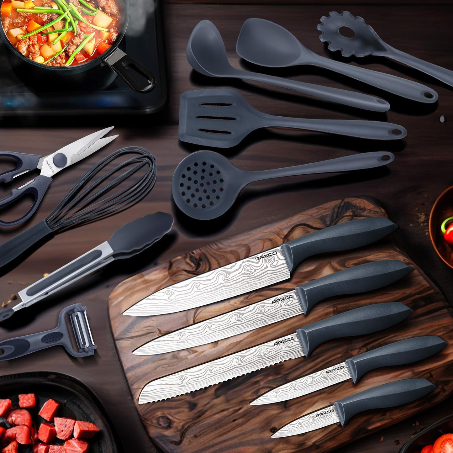 RAXCO Cooking Utensils Set,18-Piece Damascus Texture Knifes and Kitchen Gadgets,Integrated Storage,Grey