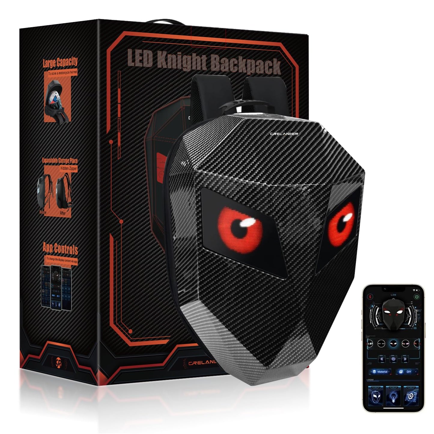 Crelander LED Knight Backpack, 19inch App Control Motorcycle Backpack with DIY Programmable Full Color Screen Waterproof Large Capacity Hard Shell Helmet Bag DIY Pixel Art Animation Laptop Daypack