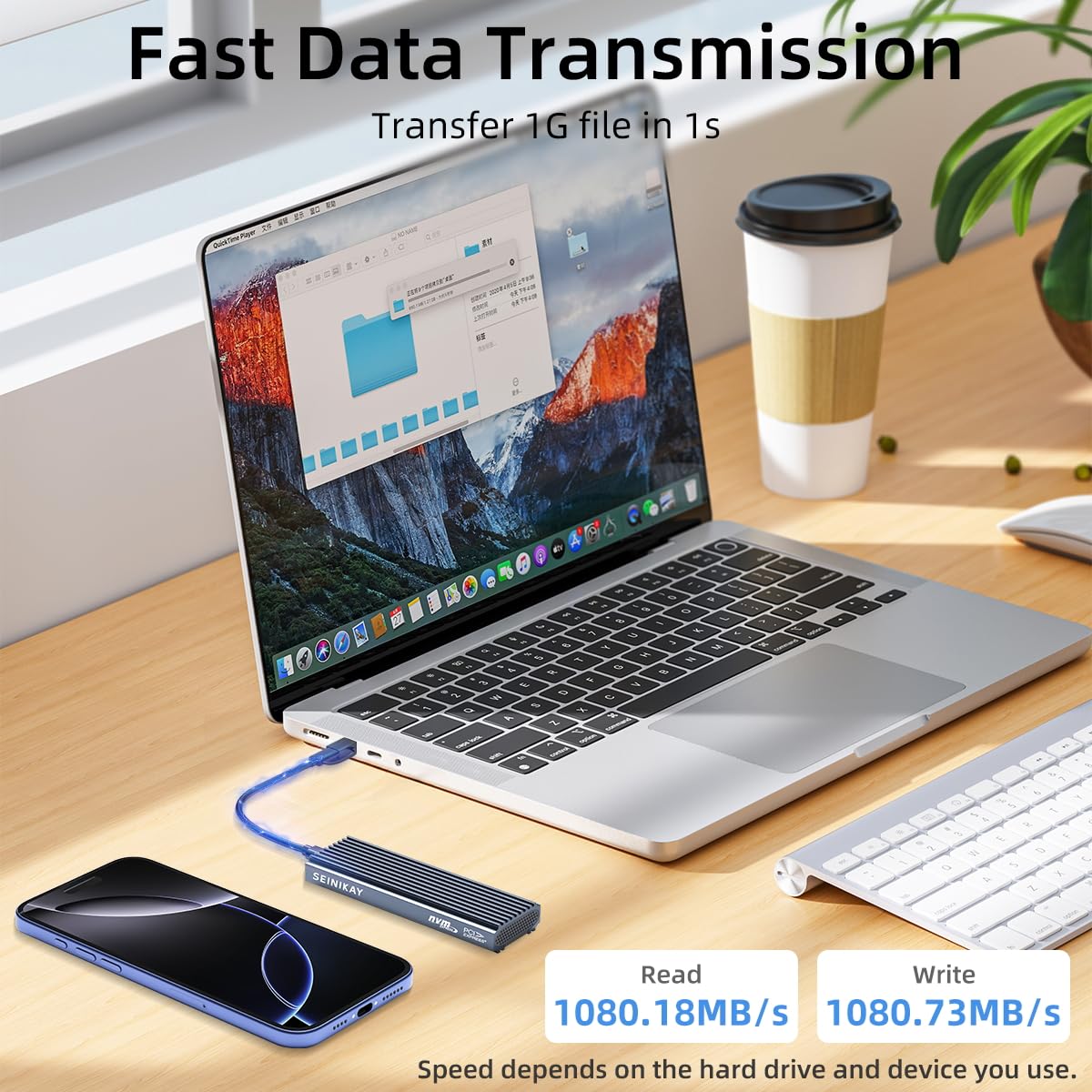 SEINIKAY M.2 NVMe-Gehäuse, werkzeugloser USB 3.2 Gen 2 (10 Gbit/s)-zu-NVMe-Adapter mit Kühlkörper, 10 Gbit/s Geschwindigkeit, Plug &amp; Play, 16 TB Erweiterung, mit CC-zu-A-Kabel