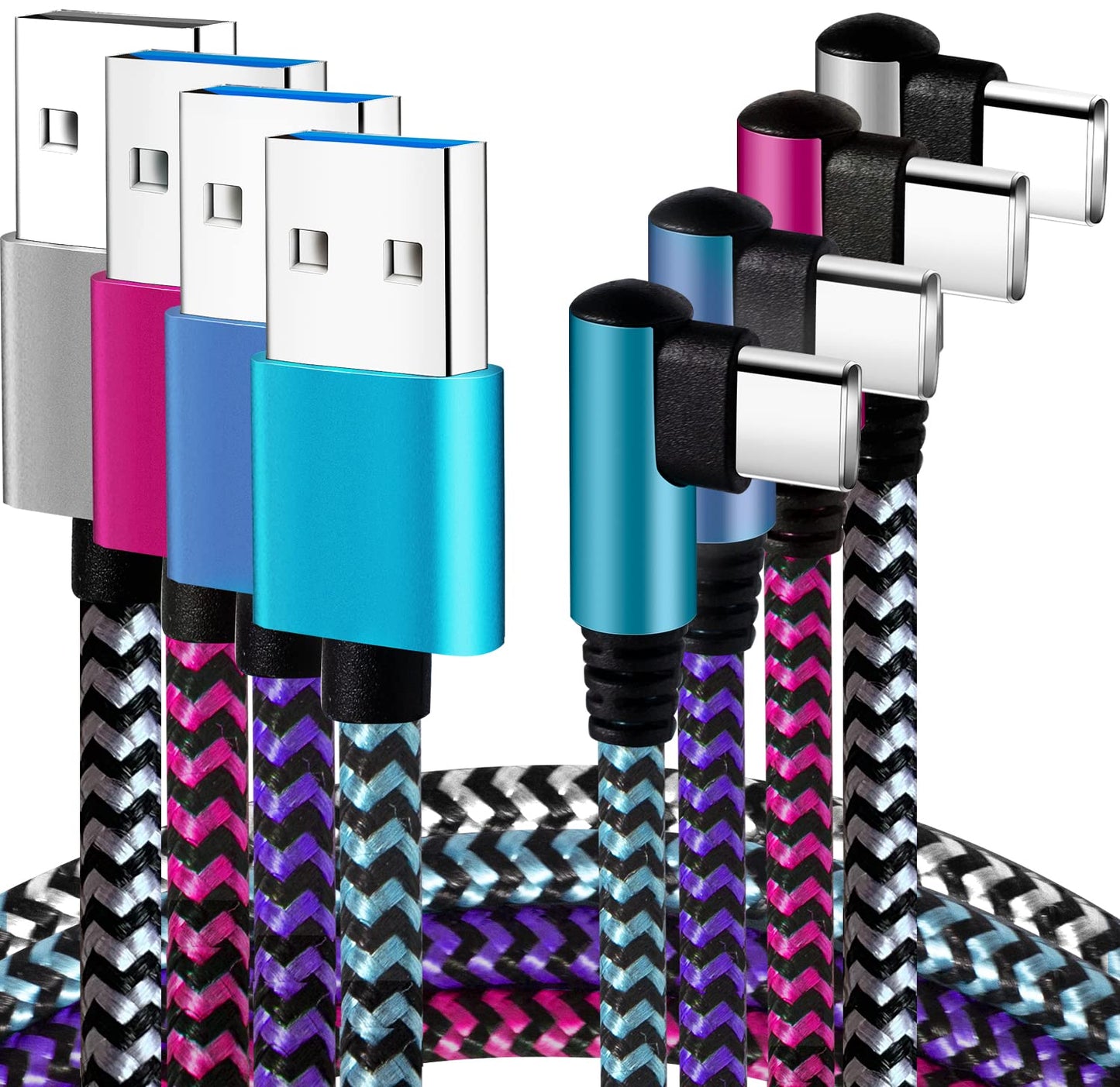 Teeind USB-C-Winkelkabel: [90 Grad/1,8 m/4er-Pack] Nylon-USB-C-Kabel kompatibel mit Samsung Galaxy S10/S10e/9/Note 10, Ladekabel - [Blau/Schwarz/Magenta/Lila]