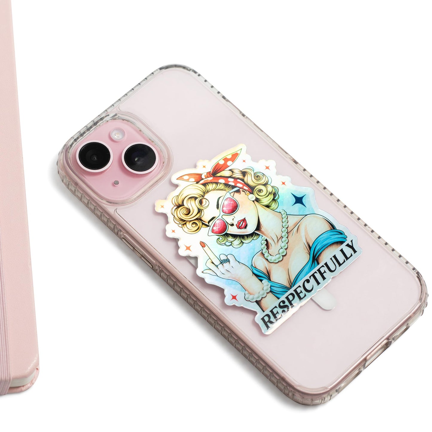 Respectfully Middle Finger Sassy Girl Holographic Sticker - Funny Adult Humor Meme for Water Bottles Stickers - Waterproof Cool Stickers for Laptop, Hard Hats, Phone, Scrapbooking Decals - 2 Pcs