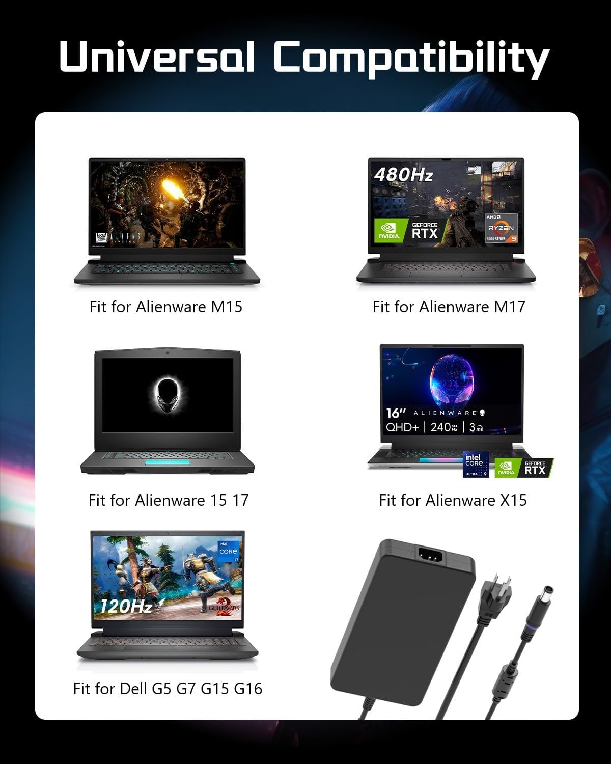 Super 240W Schnellladegerät (UL-Sicherheitszertifizierung) Passend für Dell Alienware Laptop M15 R3 R4 R7 R6 R5 R2 M17 R2 R5 AMD 15 R3 R2 17 R2 R3 G15 G16 G7 G5 G3 X15 R1 R2 Gaming Laptop Netzteil 