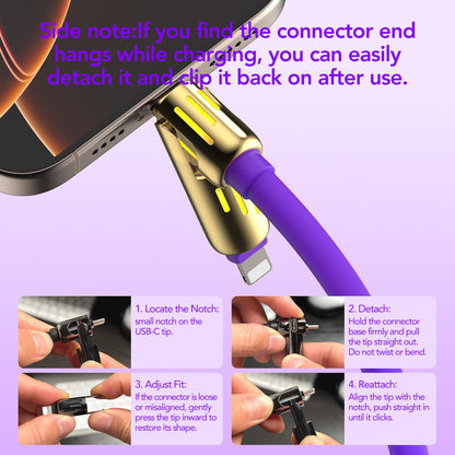 MFish 240W 4-in-1 Universal-USB-Ladekabel [2er-Pack, 2 m] - Schnellladekabel mit USB-A, Dual-USB-C und Lightning, für iPhone 14/15/16/17 Serie, iPad, MacBook und mehr (2er-Pack, Lila + Grün, 2 m)