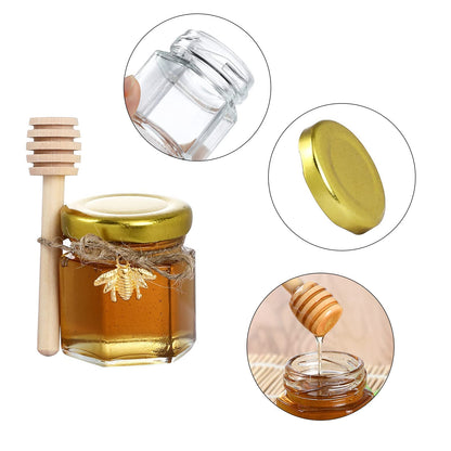 XING-RUIYANG 1,5 oz Sechseckige Mini-Honiggläser aus Glas - 30er-Pack Honiggläser mit Holzlöffel, goldenem Deckel, Bienenanhängern und Jutebeuteln - Perfekt für Babypartys, Hochzeitsgeschenke und Partygeschenke