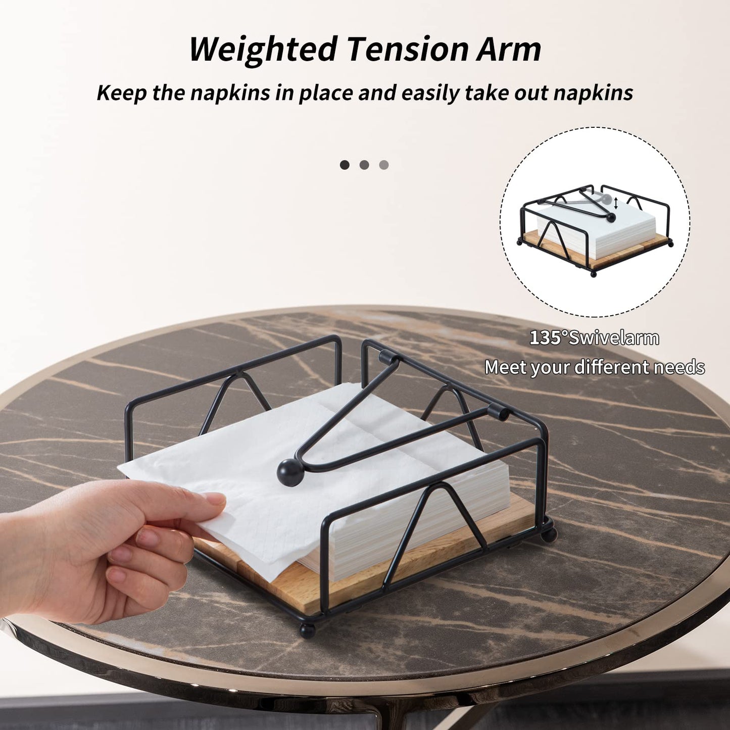 Quadratischer Serviettenhalter – Robuster Tischserviettenspender mit beschwertem Arm, Serviettenaufbewahrung aus Metall mit Holzsockel, Serviettenhalter im Landhausstil für Tisch, Küche und Arbeitsplatten (Schwarz)