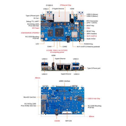 Orange Pi RV2 8GB RAM LPDDR4X RISC V 8 Core 2Tops KI Arithmetik Power Entwicklungsboard, Wi-Fi 5+BT 5 mit BLE-Unterstützung Einplatinencomputer läuft mit Ubuntu24.04 (8GB)