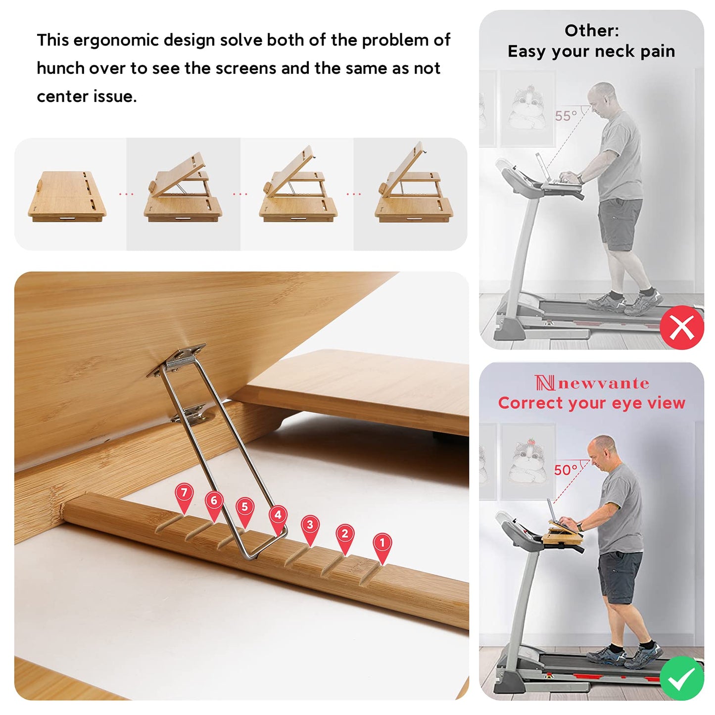 Nnewvante Laufband-Schreibtischaufsatz, Bambus-Laptop-Halterung, ergonomische, verstellbare Laptop-Ablage für Laufbänder