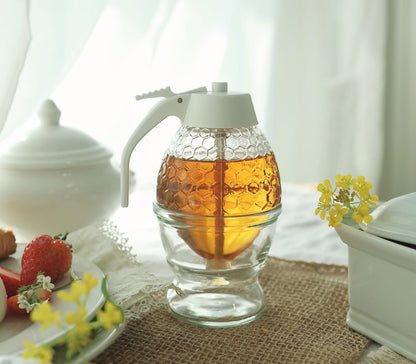 PAULSWAY SAFE Honigspender aus nicht verchromtem Glas, lebensmittelechter ABS-Deckel in Weiß – tropffreies Glas mit Ständer – 237 ml Honigglas – Behälter im Wabendesign – Honigtopf für Honig und Ahornsirup