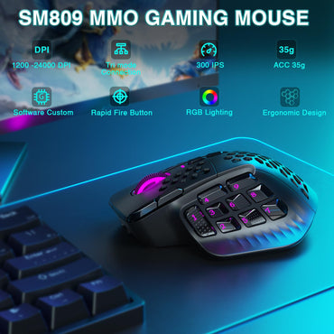 SOLAKAKA SM809 Pro Gaming Mouse with 9 Side Buttons,24000 DPI RGB Mouse for Gamer,16 Programmable Macros MMO Mouse,Black