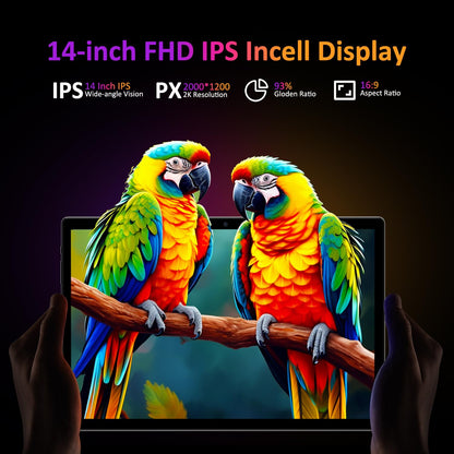 POWMUS Tablets 2025, 14 Zoll, Android 14, 36 GB RAM, 256 GB Speicher (erweiterbar auf 1 TB), 2K-Display, 8-Kern-Prozessor, 11580 mAh Akku, 4 Lautsprecher, 5-GHz-WLAN, inklusive Stifthülle – Schwarz