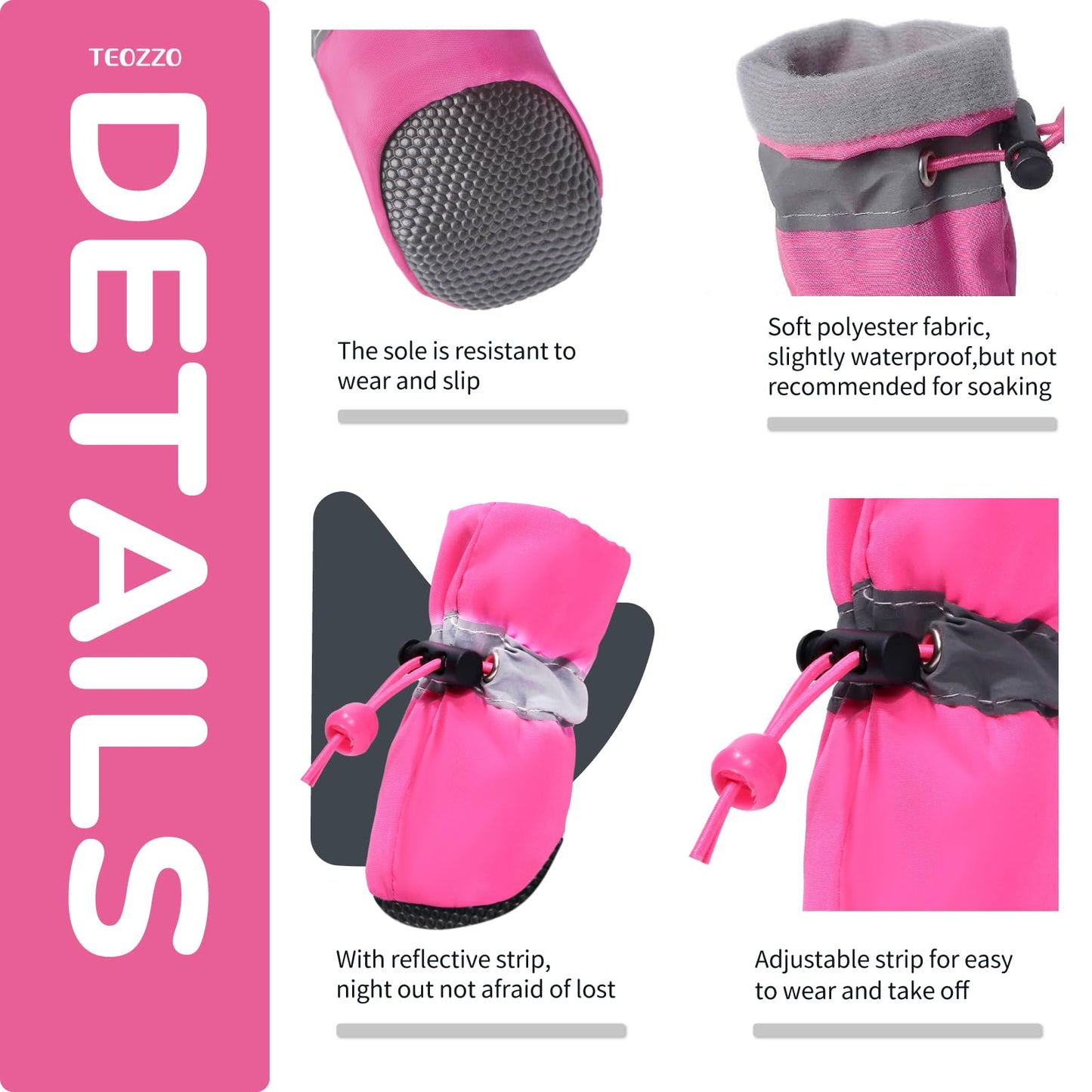 TEOZZO Hundeschuhe für heißen Asphalt, rutschfeste Sohle, Pfotenschutz, reflektierende Streifen, 4er-Pack, Rosa, 3