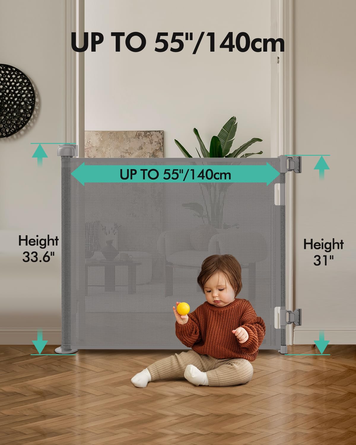 Einziehbares Babygitter, Hundegitter aus Netzgewebe für Türrahmen, 85 cm hoch, ausziehbar auf 140 cm breit, unverzichtbar für die Sicherheit von Haustieren, passend für Fußleisten, breite Kleinkindgitter für Flure, für drinnen und draußen, Grau