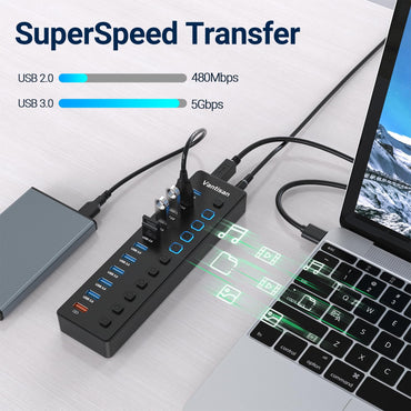Aktiver USB-Hub, 11-Port-USB-3.0-Hub-Splitter – 10 USB-3.0-Datenübertragungsports + 1 intelligenter Ladeanschluss, USB-3.0-Hub mit individuellen LED-Ein-/Ausschaltern und 5V/4A-Netzteil