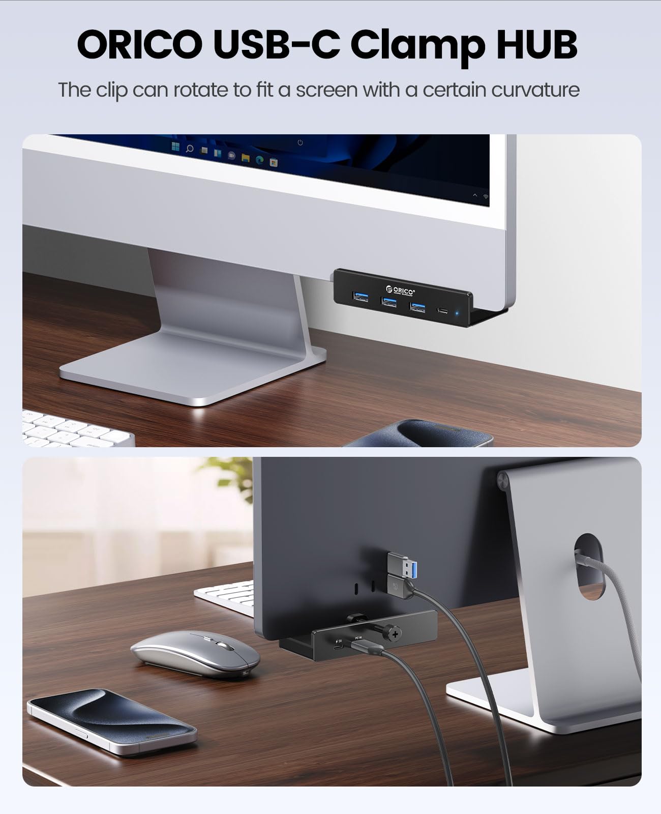 ORICO USB-Hub 3.0, Klemm-USB-Hub mit zusätzlichem Netzteilanschluss, Aluminium-USB-Adapter mit 4 Ports, 3 USB-A-Datenanschlüssen und USB-C-Anschluss für Monitore und Schreibtische (Schwarz)