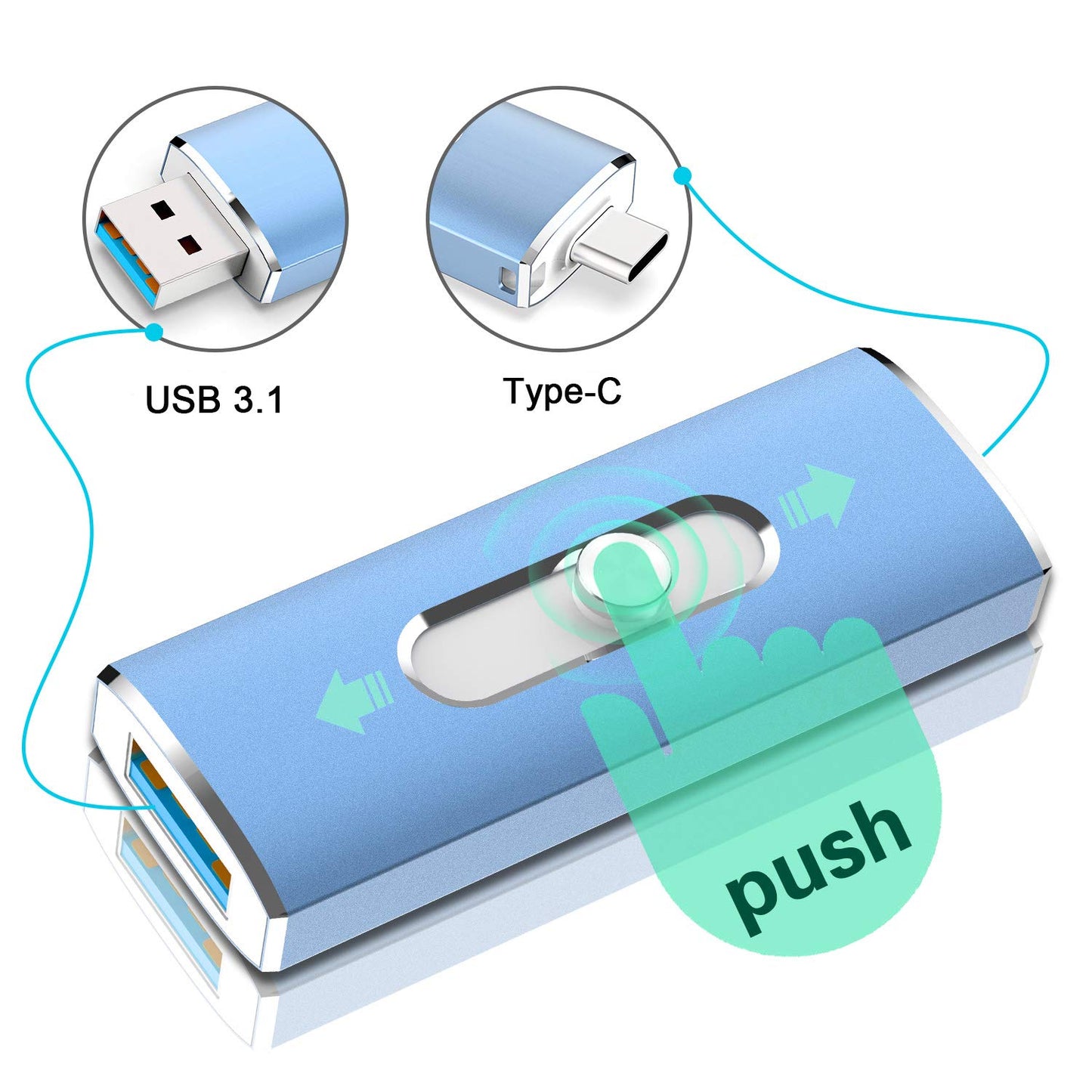 256 GB Flash-Laufwerk, Aiibe USB-C Flash-Laufwerk 256 GB Dual USB 3.1 USB-C Speicherstick OTG Typ C USB-Stick 256 GB USB-C-Laufwerk für PC Tablet TV Auto Typ C Smartphone (256 GB, Blau) 