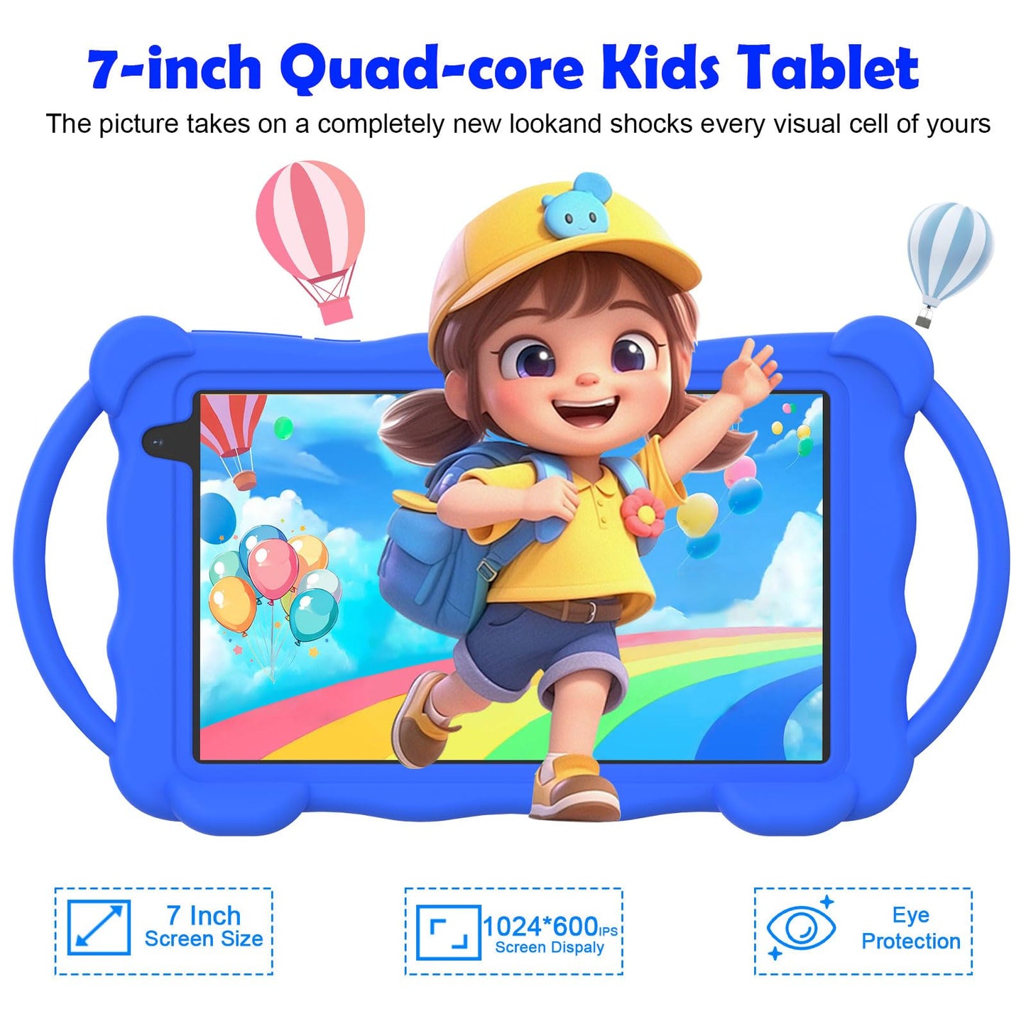 Nyxolaria Kinder-Tablet 7 Zoll, 32 GB ROM, Lern-Tablet für Kleinkinder mit Schutzhülle, vorinstallierten Lern-Apps, Kindersicherung, Geschenk für Jungen und Mädchen. (Blau)