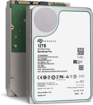 Seagate BarraCuda Pro 12 TB interne Festplatte (HDD) – 3,5 Zoll SATA 6 Gbit/s 7200 U/min 256 MB Cache für Computer, Desktop-PC und Laptop – Frustfreie Verpackung (ST12000DM0007) (Generalüberholt)