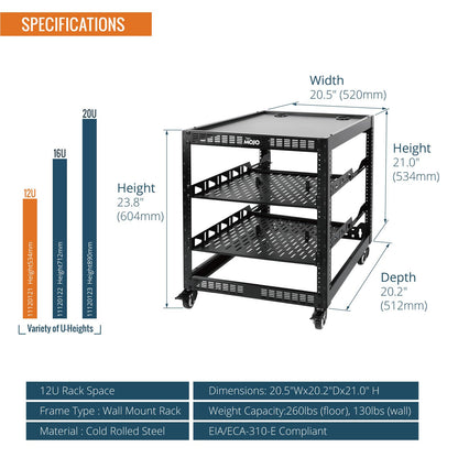 TECMOJO 12U Open-Frame-Netzwerkschrank für IT- und AV-Geräte, 4-Pfosten mit Rollen, mobil, inklusive 2 x 1U-Serverablagen und Montagematerial, für 19"-Netzwerk-, Audio- und Videogeräte