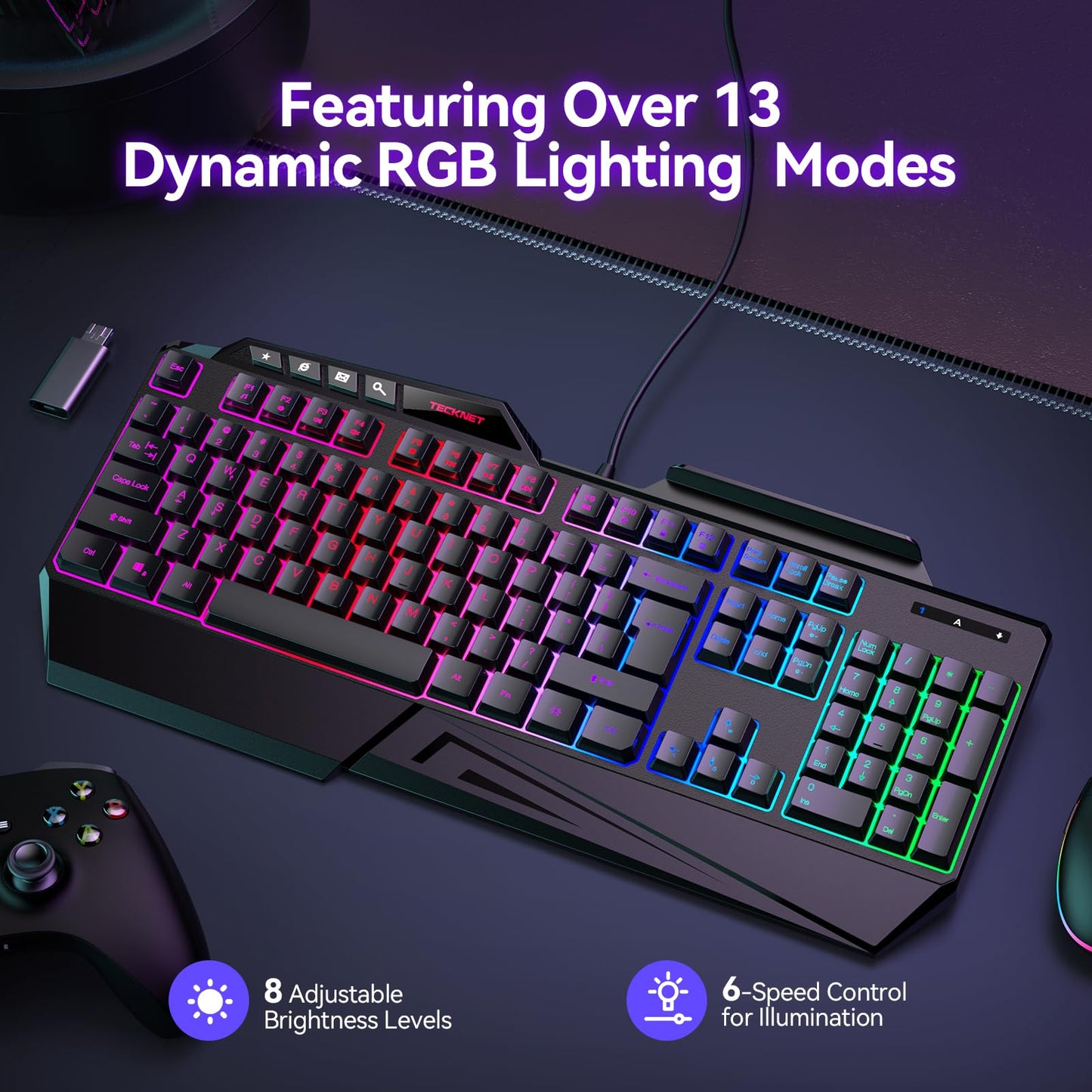 TECKNET Kabelgebundene RGB-Gaming-Tastatur – 26-Tasten-Anti-Ghosting, 13 Beleuchtungsmodi, spritzwassergeschützt, 108 Membrantasten, Plug &amp; Play – mit ergonomischer Handballenauflage und Telefonhalterung für Windows/Mac (Schwarz)