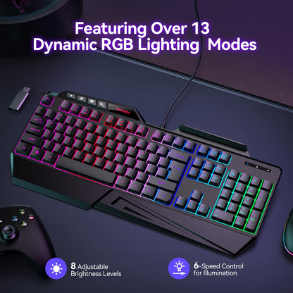 TECKNET Kabelgebundene RGB-Gaming-Tastatur – 26-Tasten-Anti-Ghosting, 13 Beleuchtungsmodi, spritzwassergeschützt, 108 Membrantasten, Plug &amp; Play – mit ergonomischer Handballenauflage und Telefonhalterung für Windows/Mac (Schwarz)