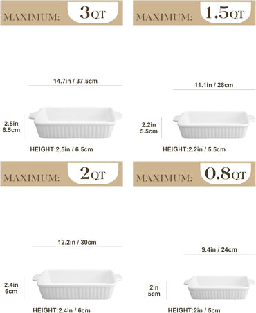 MALACASA Auflaufformen für den Backofen, Porzellan-Backformen, Keramik-Backformen-Sets, 4-teilig, rechteckige Lasagneformen mit Griffen, Weiß (23,9 cm/28,2 cm/31 cm/37,3 cm), Serie 