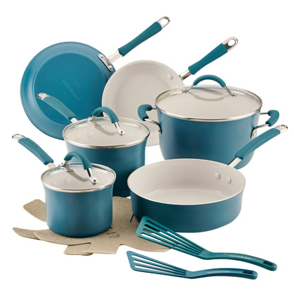 Rachael Ray Cucina Ceramic Cookware Set - 13 Pieces - Ceramic Pots and Pans Set w/Nonstick Frying Pans, Saute Pan, Saucepans, Stockpot, Lids, Pan Protectors & Cooking Utensils - Marine Blue