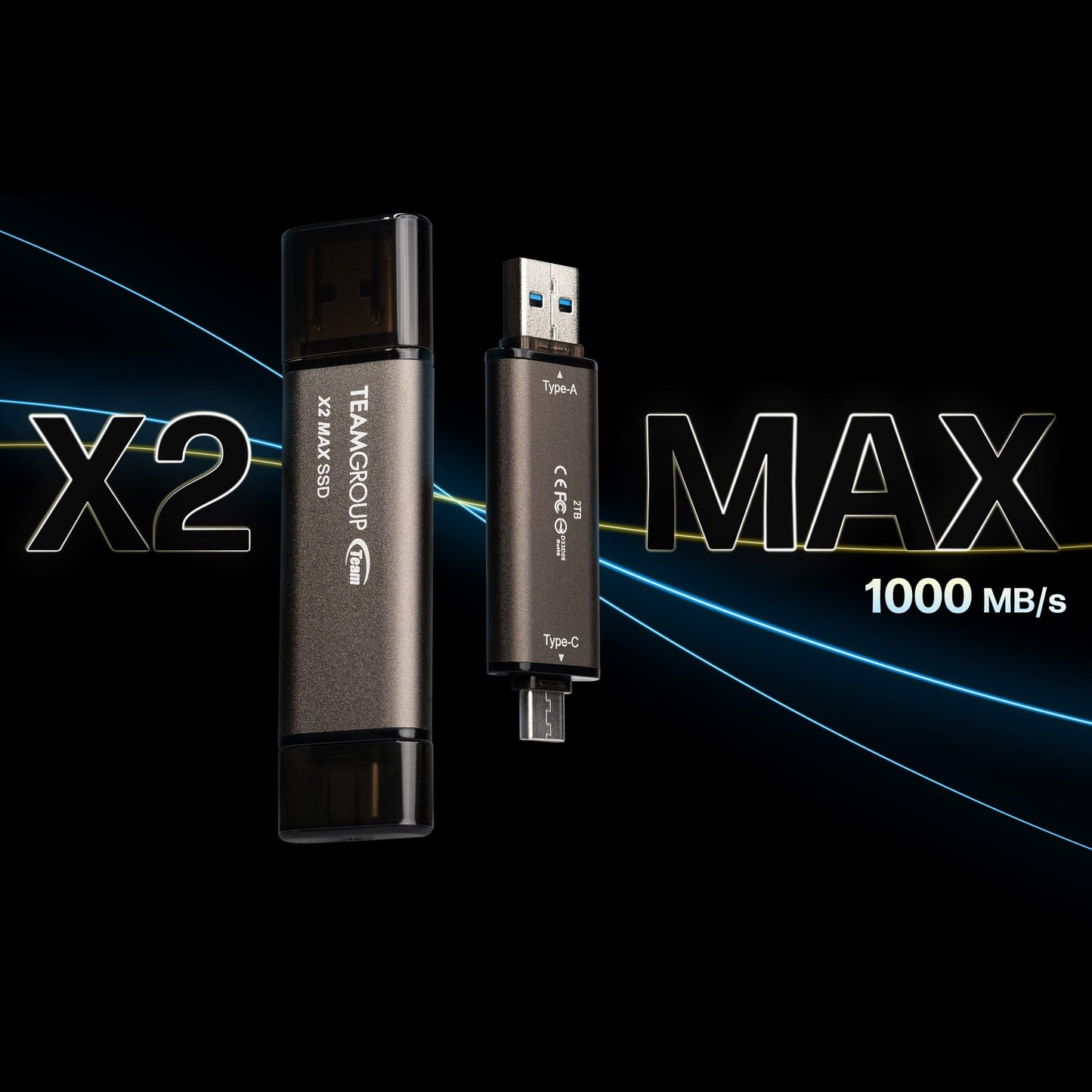 TEAMGROUP 2 TB X2 MAX Externe/Tragbare SSD 1000 MB/s, Dual-USB-Festplatte, kompatibel mit iPhone 17, iPad, Mac, Steam Deck, PC, Windows, Android, PS5, Laptop, Tesla, Typ C &amp; A, USB 3.2 Gen2, TX2MAX32TBT01