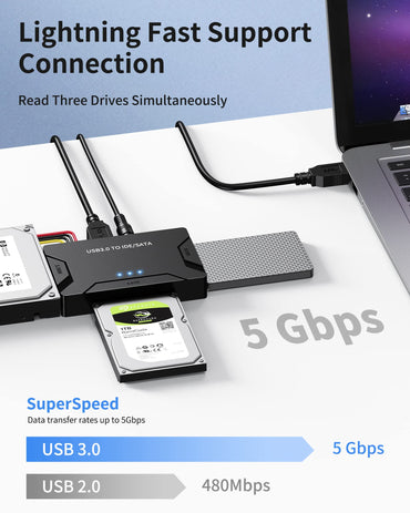 POSUGEAR USB 3.0 zu IDE/SATA Adapter, externer Festplattenleser, universeller 2,5"/3,5" HDD/SSD Konverter, 12V/2A Netzteil