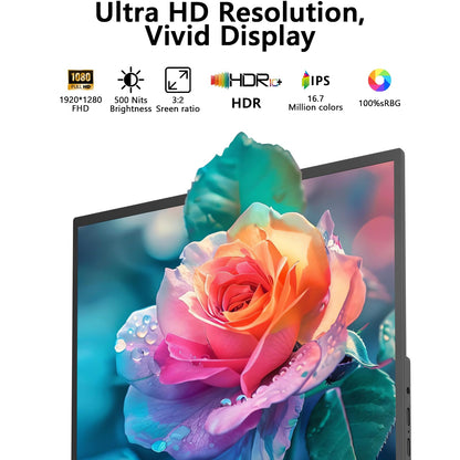 Portable Monitor for Laptop, 10.5" Screen Extender 1920x1280P IPS Travel Monitor 3:2, 500nits, 2000:1, w/45° Adjustable Stand, Standard HDMI USB-C Computer Display for Laptop PC Phone Mac PS4 Xbox