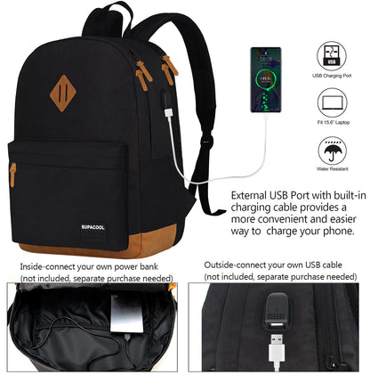 SUPACOOL Leichter Laptop-Rucksack mit USB-Ladeanschluss für Damen und Herren, Doppellagiger Rucksack für Uni, Arbeit, Reisen, Freizeit (Schwarz und Braun)
