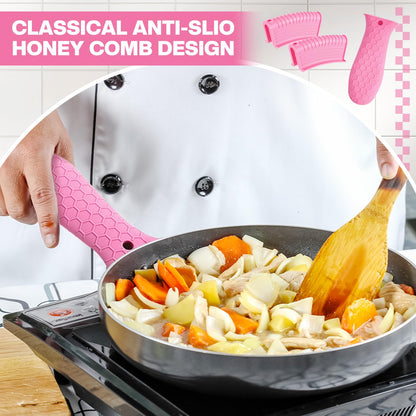 Patelai 8 Pcs Silicone Pot Holders Set Cast Iron Handle Cover Heat Resistant Pot Handle Covers Potholder Non Slip Reusable Pan Sleeve for Frying Pan Kitchen Supplies(Black)