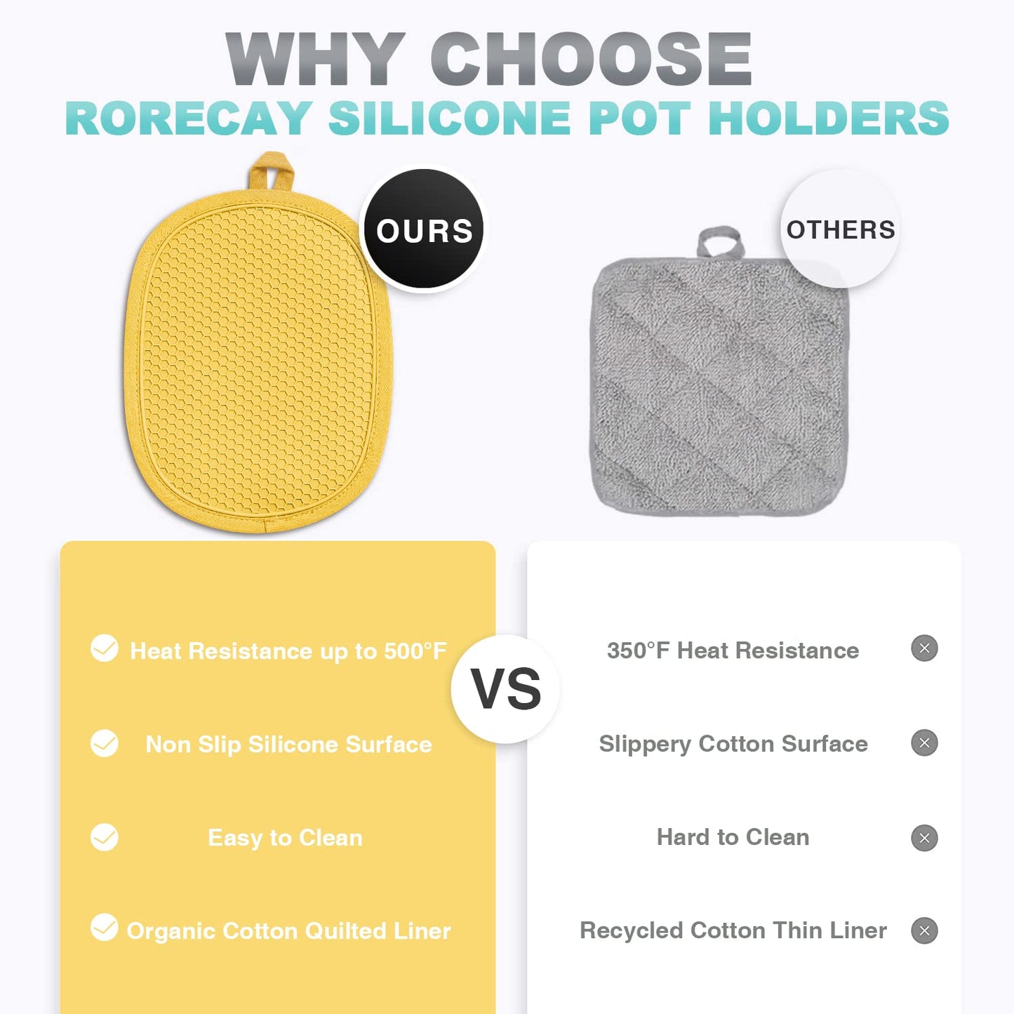 2-Pack Silicone Pot Holders for Kitchen Heat Resistant up to 500°F, Non-Slip Large Hot Pads with Pocket, Quilted Liner Trivets for Countertops Hot Pots and Pans (Gray)