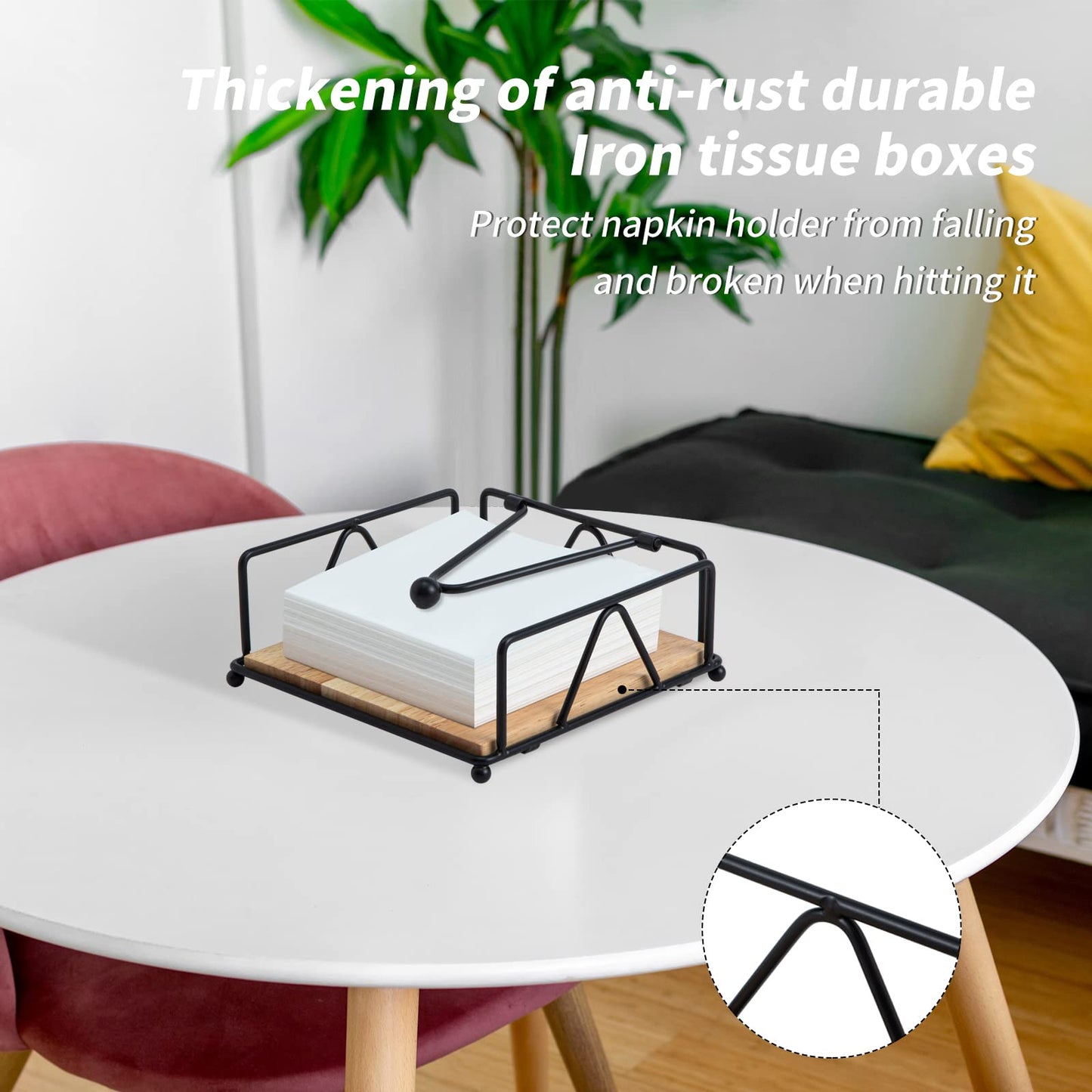 Quadratischer Serviettenhalter – Robuster Tischserviettenspender mit beschwertem Arm, Serviettenaufbewahrung aus Metall mit Holzsockel, Serviettenhalter im Landhausstil für Tisch, Küche und Arbeitsplatten (Schwarz)