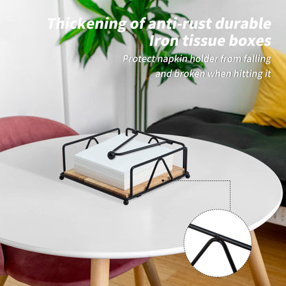 Quadratischer Serviettenhalter – Robuster Tischserviettenspender mit beschwertem Arm, Serviettenaufbewahrung aus Metall mit Holzsockel, Serviettenhalter im Landhausstil für Tisch, Küche und Arbeitsplatten (Schwarz)