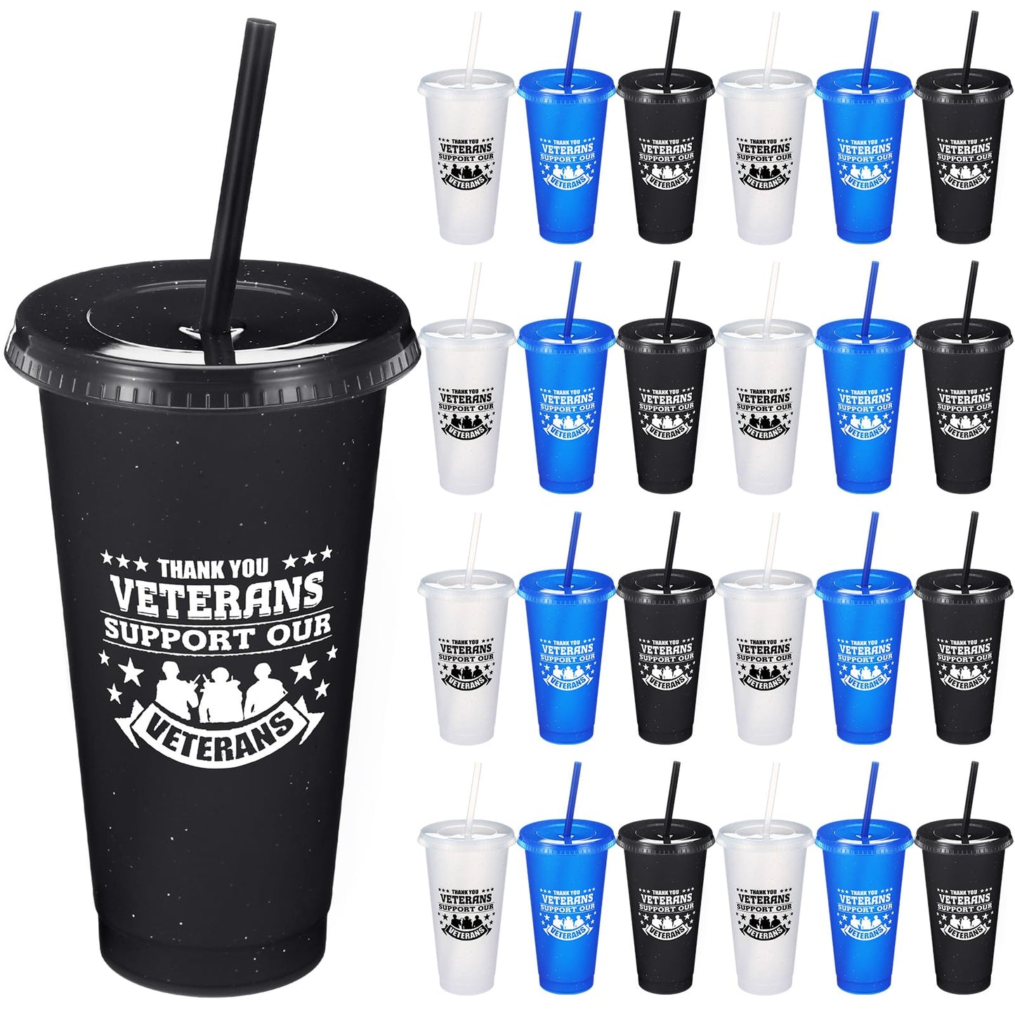 Skylety 24 Pcs Veterans Appreciation Gift 24 oz Support Our Veterans Day Gifts Plastic Coffee Cups with Straws and Lids Team Gift for Birthday Military Memorial Day