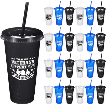 Skylety 24 Pcs Veterans Appreciation Gift 24 oz Support Our Veterans Day Gifts Plastic Coffee Cups with Straws and Lids Team Gift for Birthday Military Memorial Day