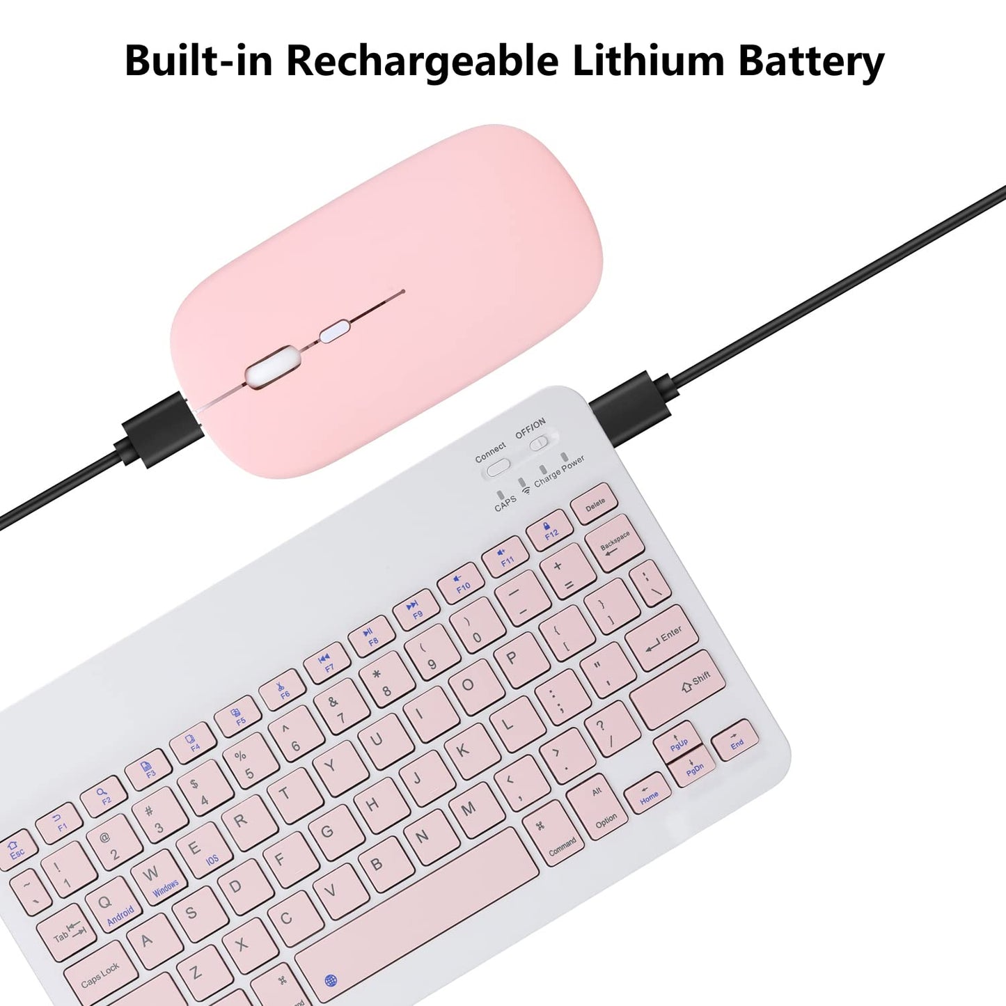 Wiederaufladbare Bluetooth-Tastatur und -Maus-Kombination für iPad, ultradünne, tragbare kabellose Maus-Tastatur für iPad Pro, Air, Mini, iPhone, Samsung Tablet, Handy, Android, iPadOS/iOS 13 und höher (Pink)