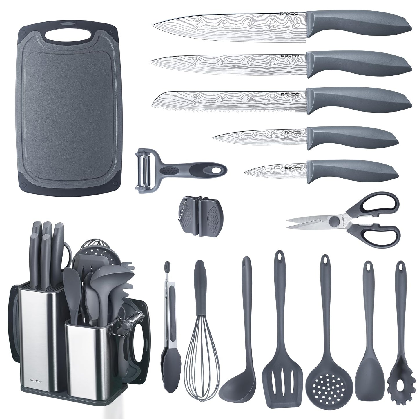 RAXCO Cooking Utensils Set,18-Piece Damascus Texture Knifes and Kitchen Gadgets,Integrated Storage,Grey