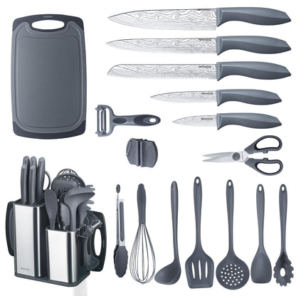 RAXCO Cooking Utensils Set,18-Piece Damascus Texture Knifes and Kitchen Gadgets,Integrated Storage,Grey
