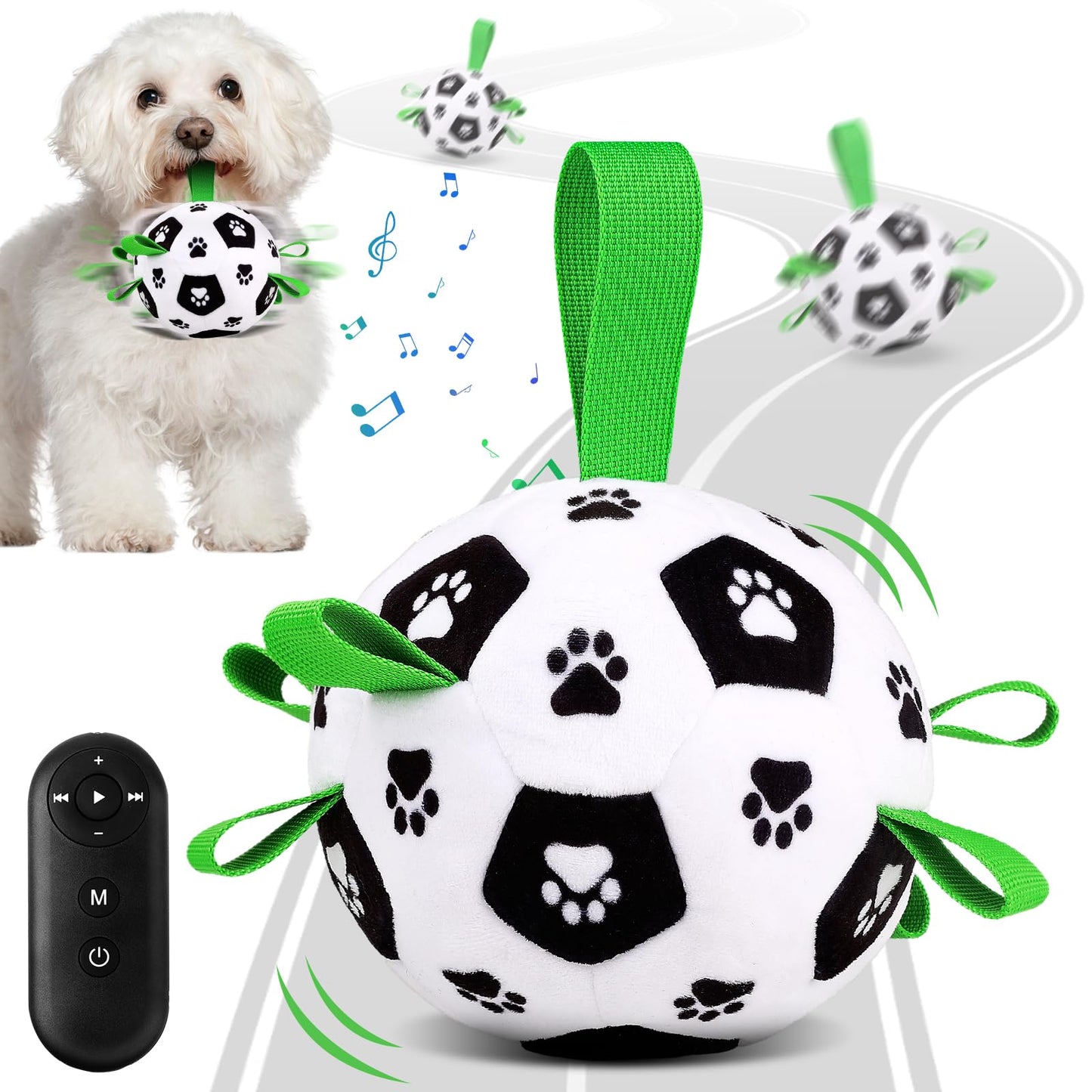 QDAN Interactive Dog Toys, Jumping Squeaky Dog Toys to Keep Them Busy, Music Recording Dog Ball, Moving Dog Soccer Ball with Straps, Remote Control, USB Rechargeable, Puppy Toy