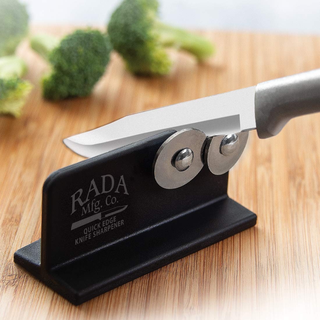 Rada Cutlery 7-piece Starter Knife Gift Set (S38) with Quick Edge Sharpener (R119), Stainless Steel Hollow Ground Blades, Made in USA, Silver Handles